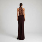 Elegant Halter Neck Wedding Guest Dress with Lace Cut Out Brown 5