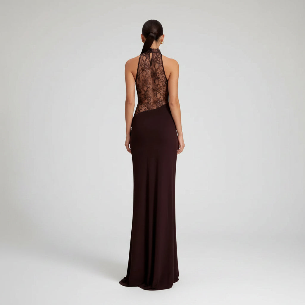 Elegant Halter Neck Wedding Guest Dress with Lace Cut Out Brown 5