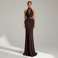 Elegant Halter Neck Wedding Guest Dress with Lace Cut Out Brown 6