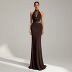 Elegant Halter Neck Wedding Guest Dress with Lace Cut Out Brown 6