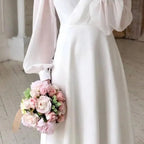 Elegant Midi Wedding Guest Dress with Sleeves White 1