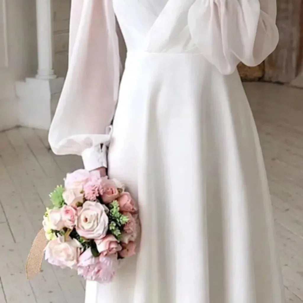 Elegant Midi Wedding Guest Dress with Sleeves White 1