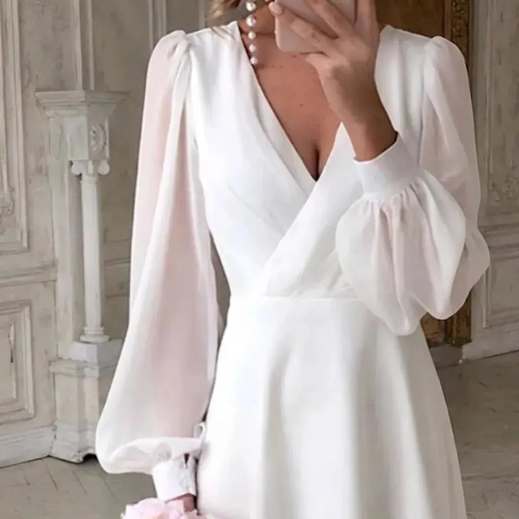 Elegant Midi Wedding Guest Dress with Sleeves White 2