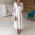 Elegant Midi Wedding Guest Dress with Sleeves White 3