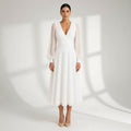 Elegant Midi Wedding Guest Dress with Sleeves White 4