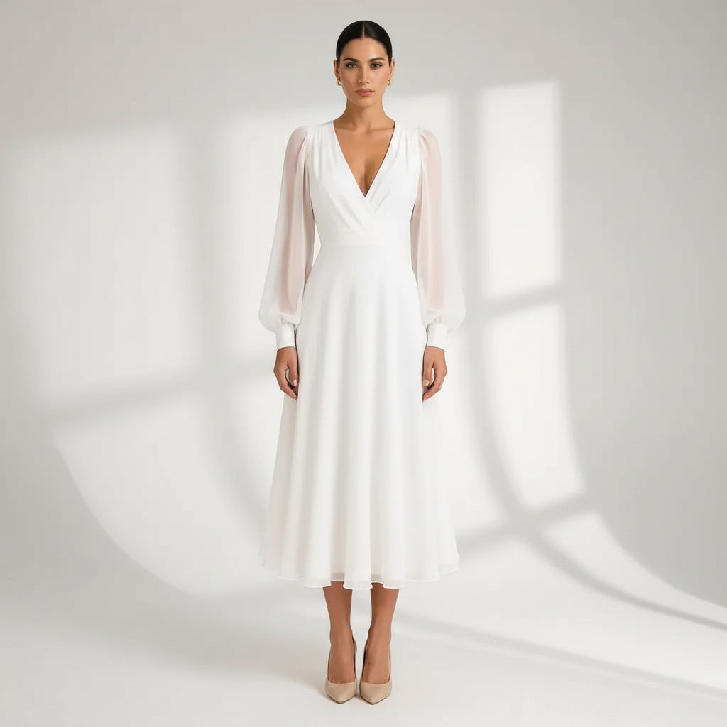 Elegant Midi Wedding Guest Dress with Sleeves White 4