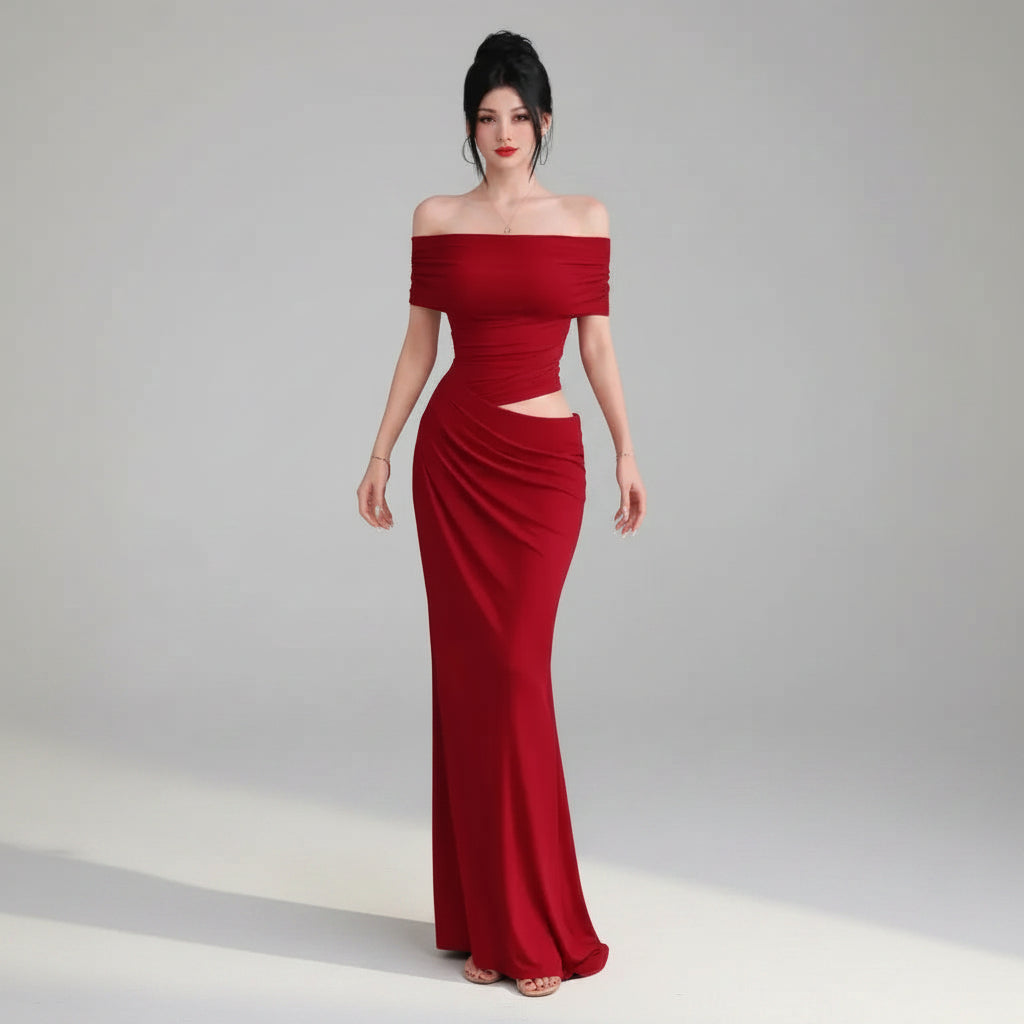 Elegant Off-Shoulder Wedding Guest Dress with Cut Out Detail Red 1