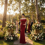 Elegant Off-Shoulder Wedding Guest Dress with Cut Out Detail Red 2