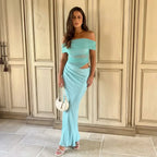 Elegant Off-Shoulder Wedding Guest Dress with Cut Out Detail Light Blue 3