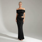 Elegant Off-Shoulder Wedding Guest Dress with Cut Out Detail Black 5