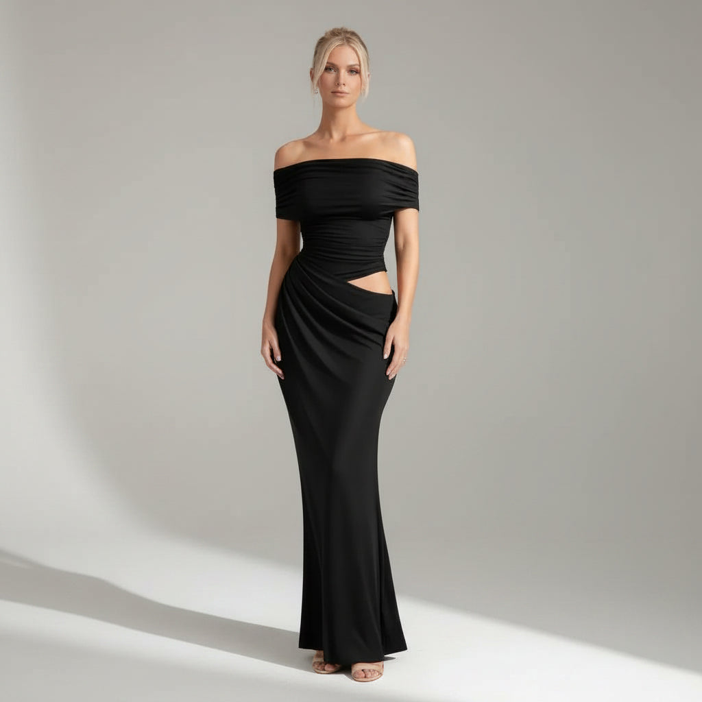 Elegant Off-Shoulder Wedding Guest Dress with Cut Out Detail Black 5