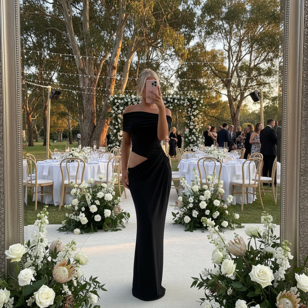 Elegant Off-Shoulder Wedding Guest Dress with Cut Out Detail Black 6