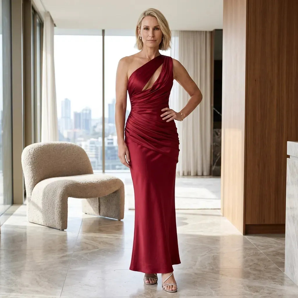 Elegant Satin Maxi Dress with Cut-Out Detail Red 1