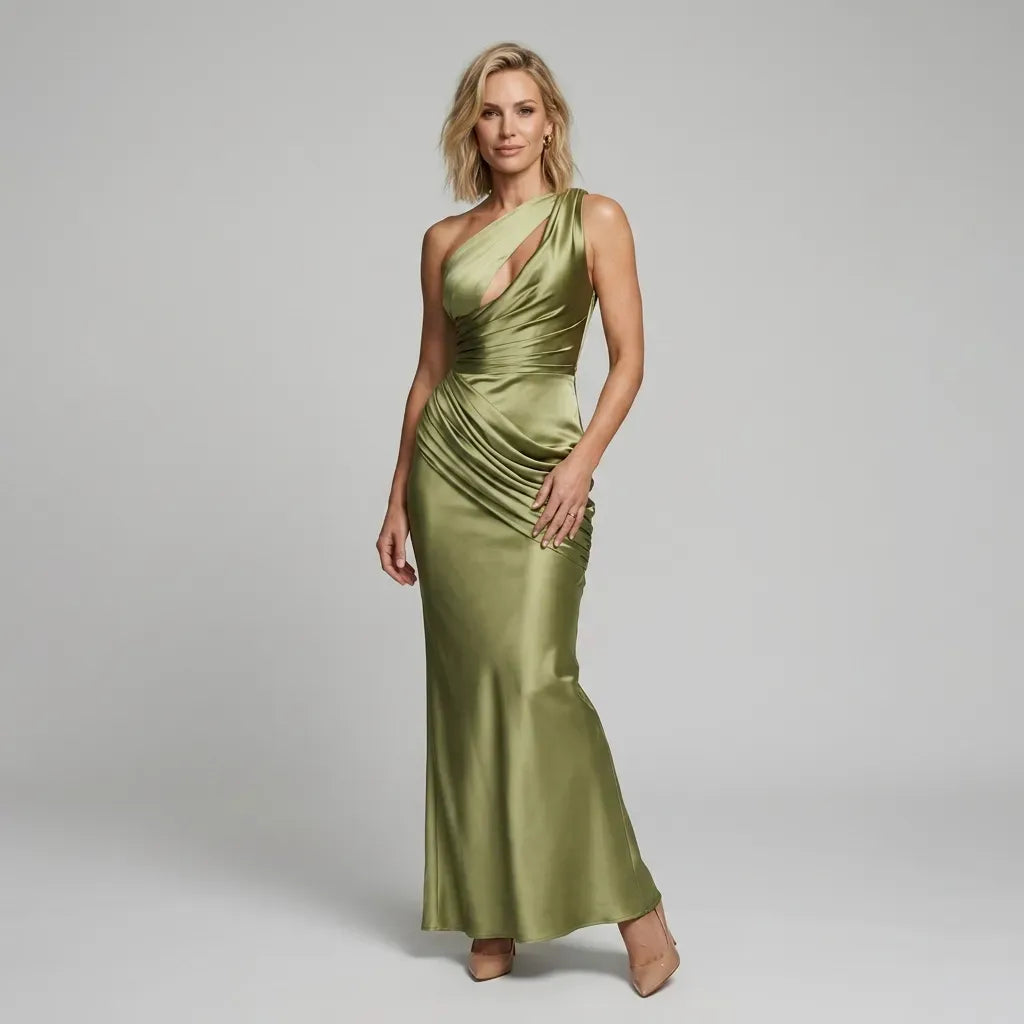 Elegant Satin Maxi Dress with Cut-Out Detail Green 5