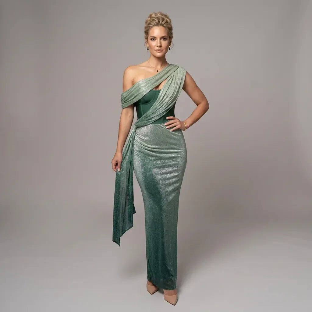 Elegant Sequin Black Tie Dress with One Shoulder Green 3