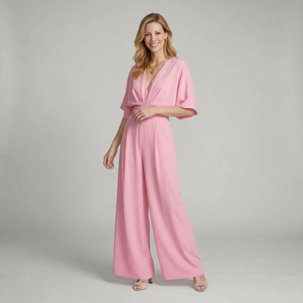 Elegant Short-Sleeved Jumpsuit with V-Neck in Pink – 1