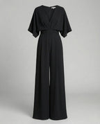 Elegant Short-Sleeved Jumpsuit with V-Neck in Black – 10