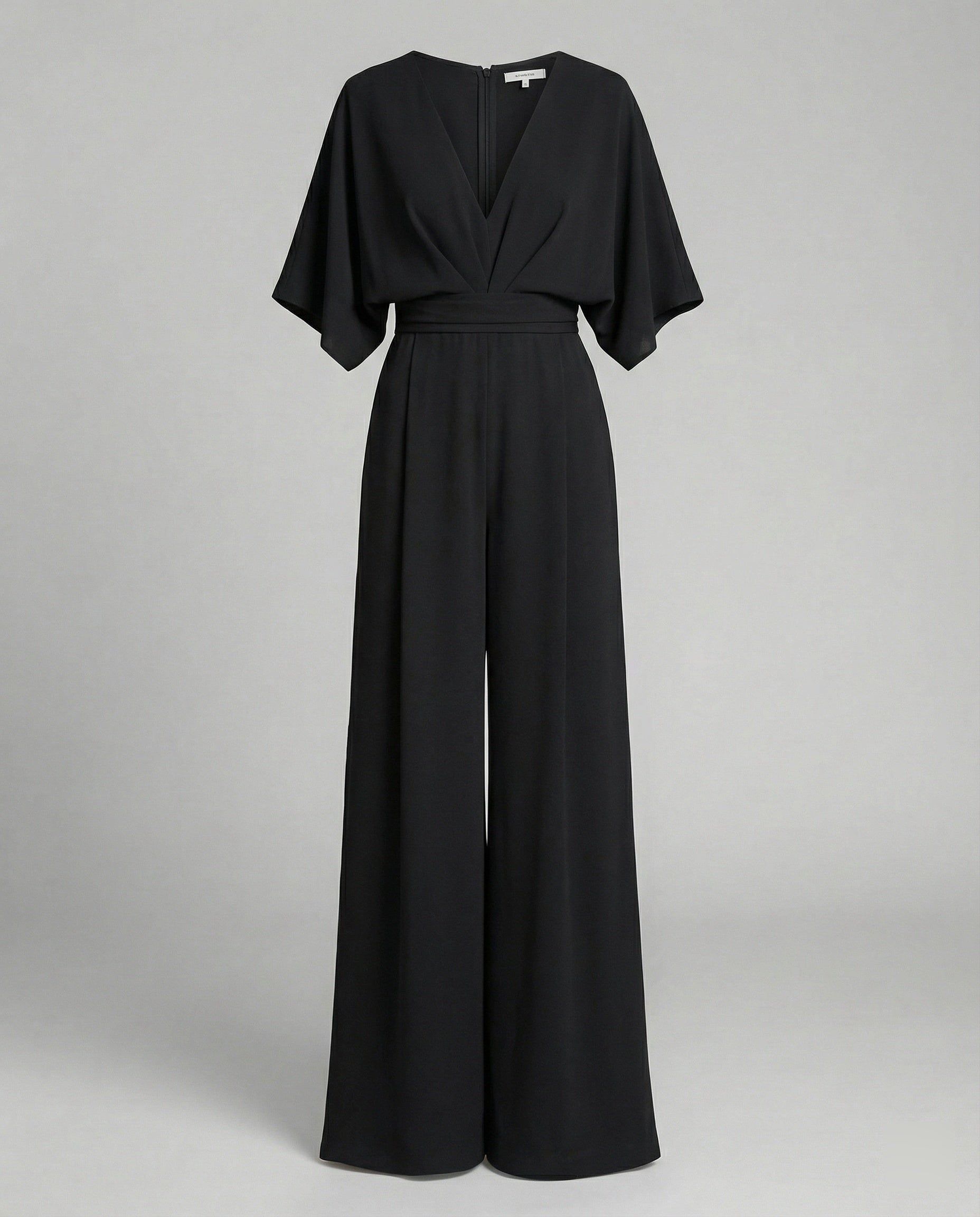 Elegant Short-Sleeved Jumpsuit with V-Neck in Black – 10