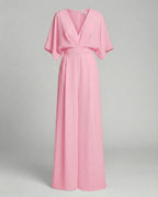 Elegant Short-Sleeved Jumpsuit with V-Neck in Pink – 11