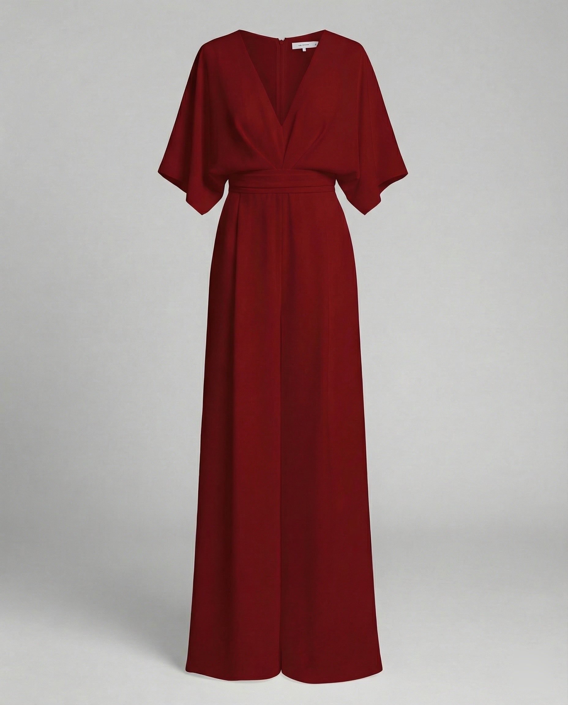 Elegant Short-Sleeved Jumpsuit with V-Neck in Burgundy – 14