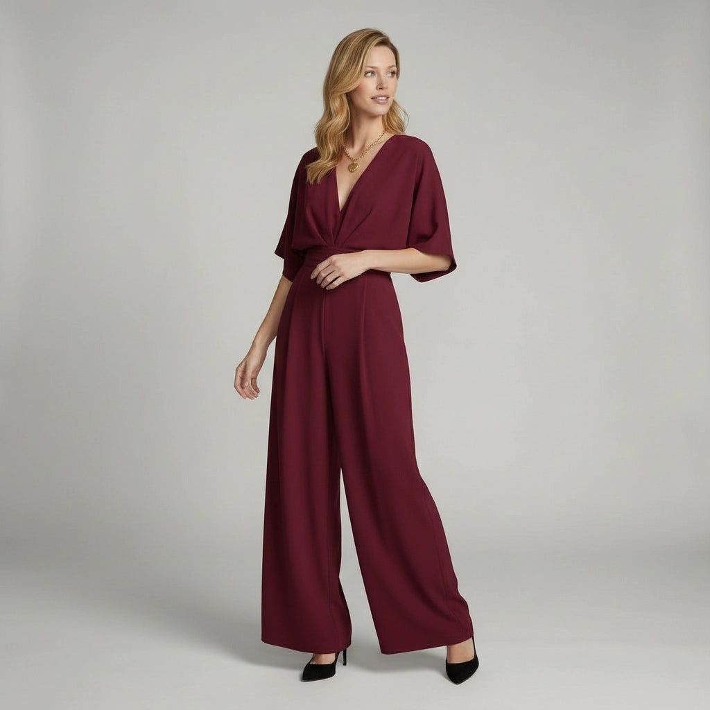 Elegant Short-Sleeved Jumpsuit with V-Neck in Burgundy – 3