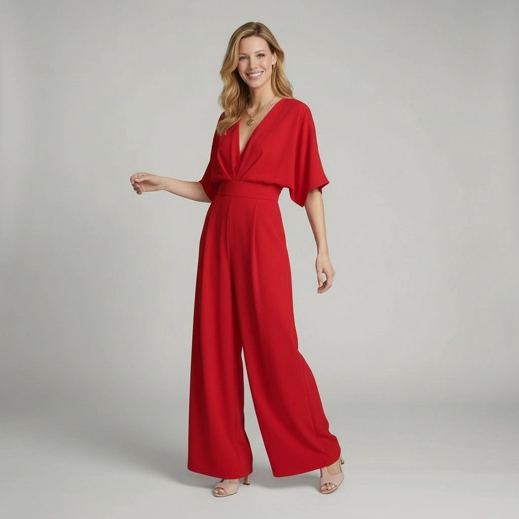 Elegant Short-Sleeved Jumpsuit with V-Neck in Red – 5