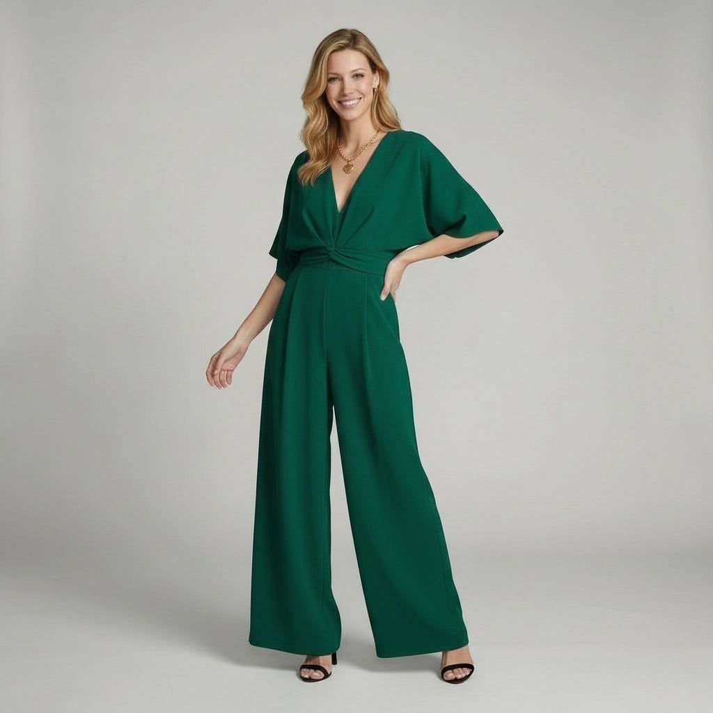 Elegant Short-Sleeved Jumpsuit with V-Neck in Green – 6