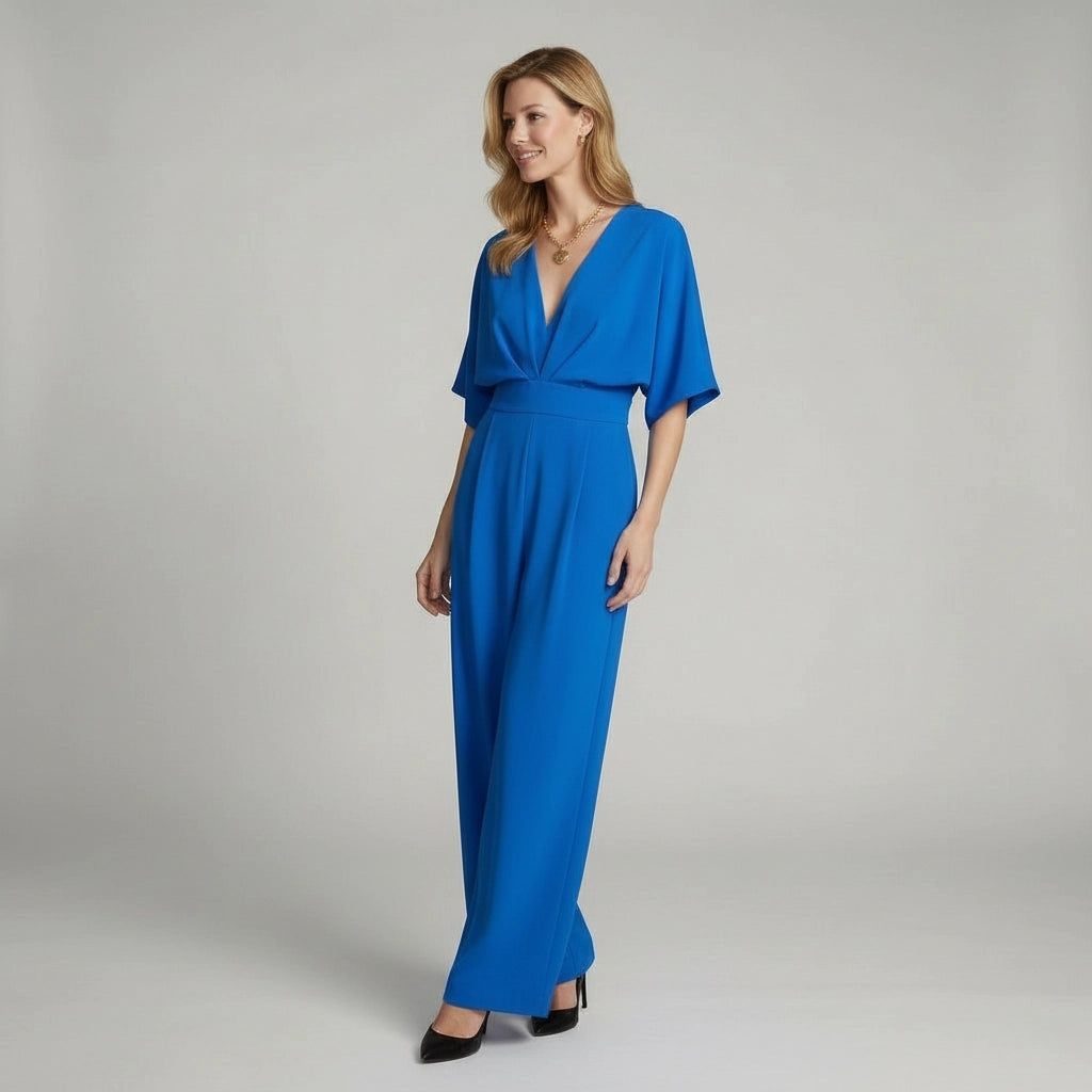 Elegant Short-Sleeved Jumpsuit with V-Neck in Blue – 7