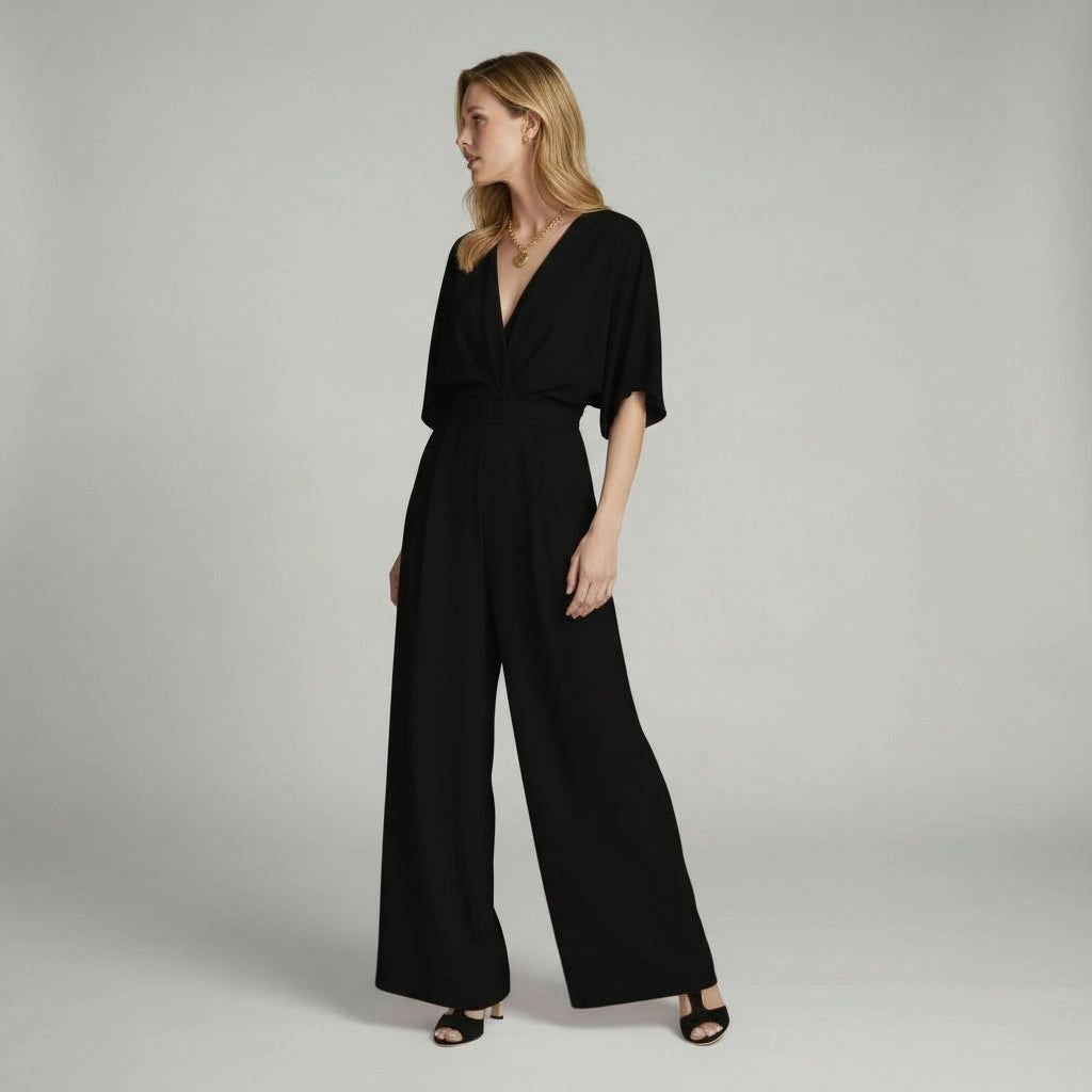 Elegant Short-Sleeved Jumpsuit with V-Neck in Black – 8