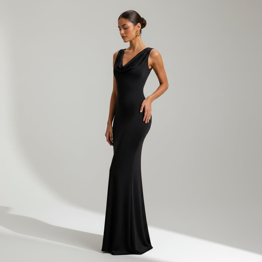 Elegant Wedding Guest Dress with Cowl Neck Trumpet Hem Black 2