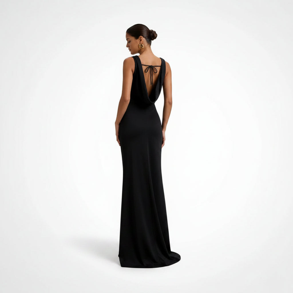 Elegant Wedding Guest Dress with Cowl Neck Trumpet Hem Black 3
