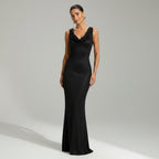 Elegant Wedding Guest Dress with Cowl Neck Trumpet Hem Black 4