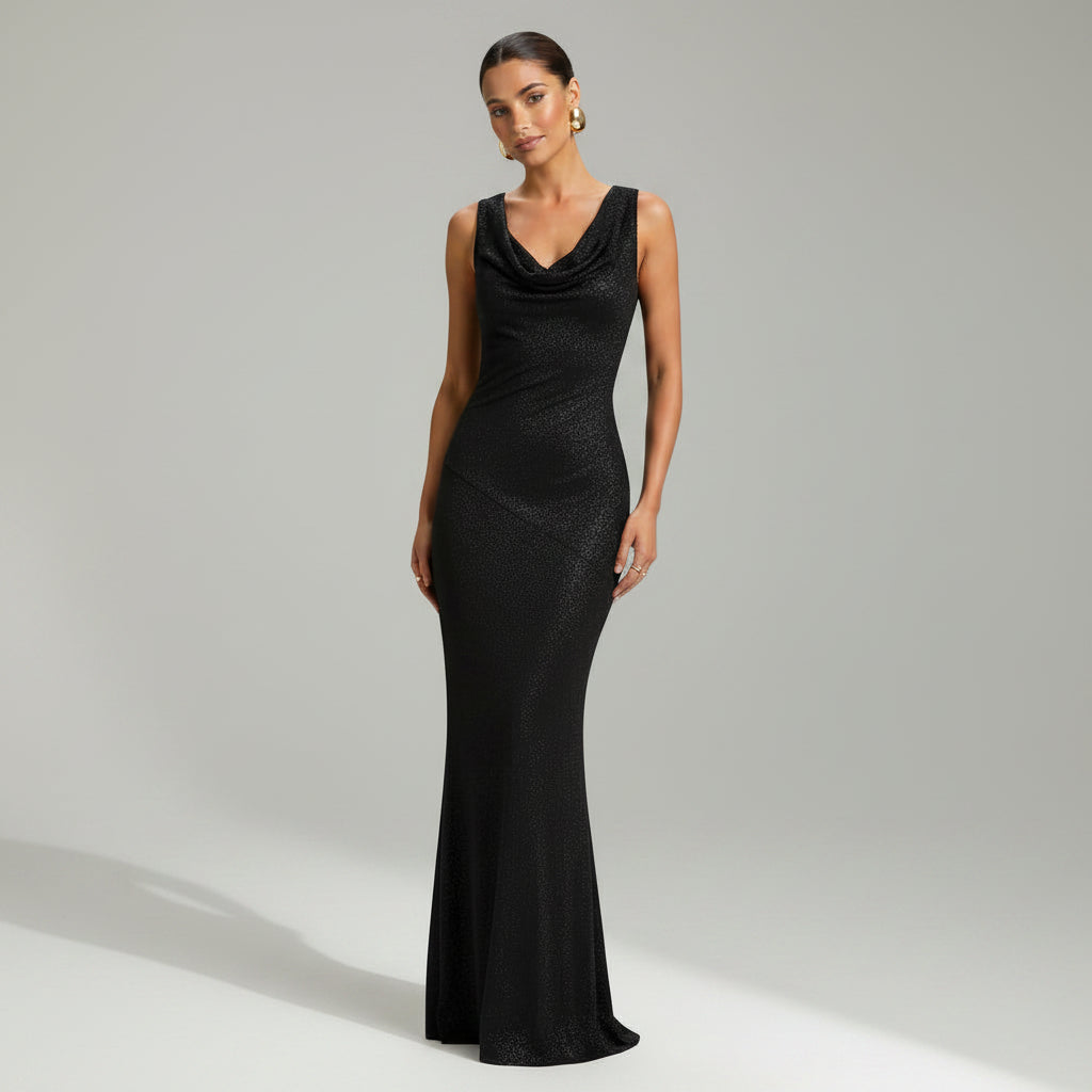 Elegant Wedding Guest Dress with Cowl Neck Trumpet Hem Black 4