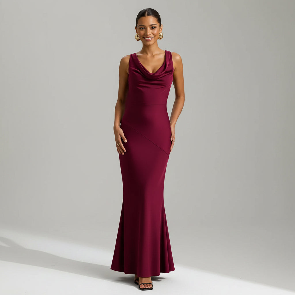 Elegant Wedding Guest Dress with Cowl Neck Trumpet Hem Dark Red 7