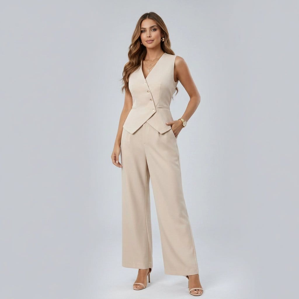 Elegant Women's Summer Two-Piece Set with Wide-Leg Trousers and Vest in Beige – 1