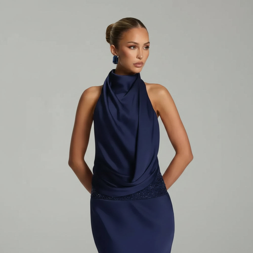Embellished Halter Neck Wedding Guest Dress Formal Navy 3