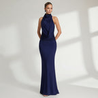Embellished Halter Neck Wedding Guest Dress Formal Navy 4