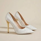 Embossed Closed Toe Heels with Stiletto Heel White 2