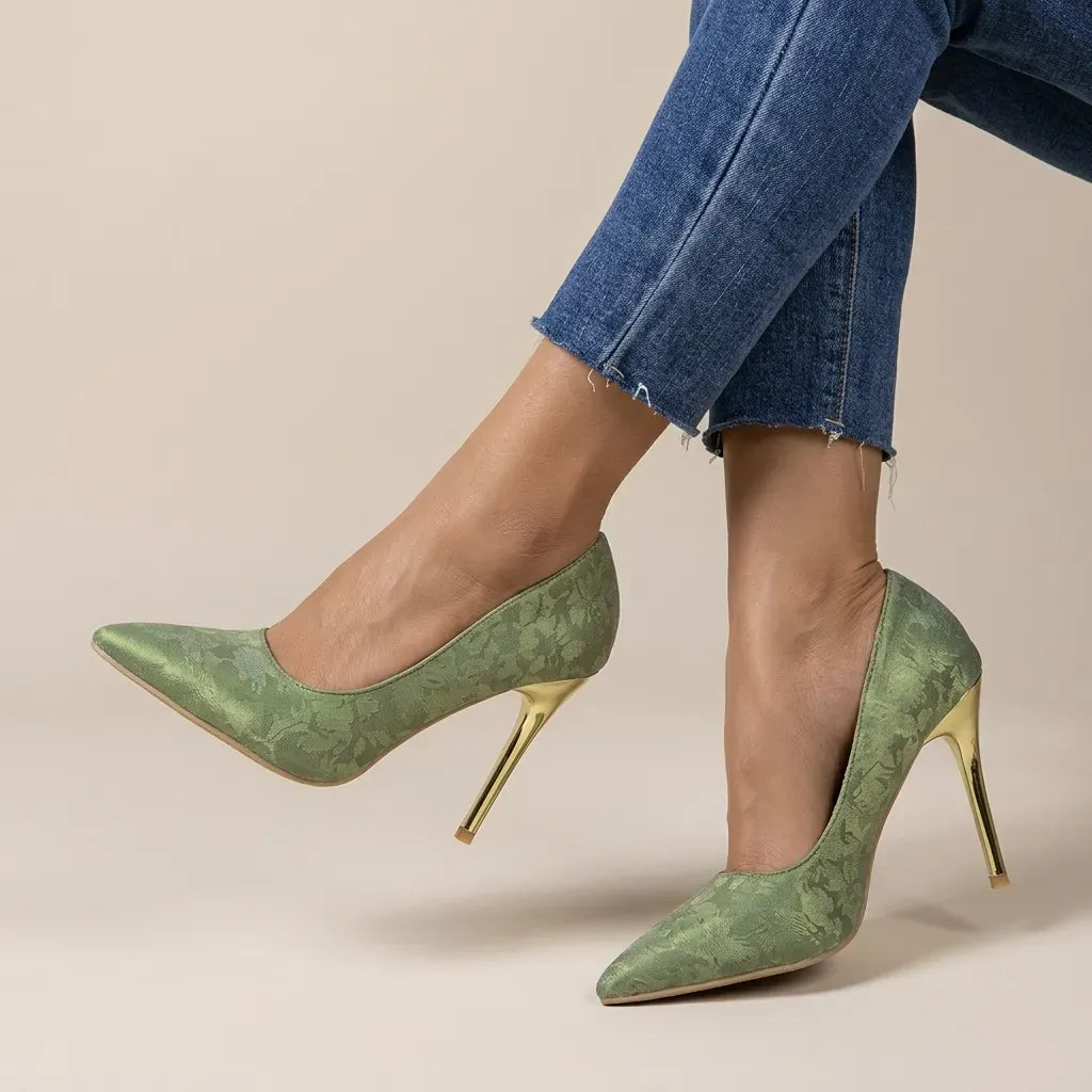 Embossed Closed Toe Heels with Stiletto Heel Green 4