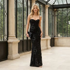 Embroidered Chiffon Wedding Guest Dress with Corset Bodice Black 2