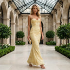 Embroidered Chiffon Wedding Guest Dress with Corset Bodice Yellow 3