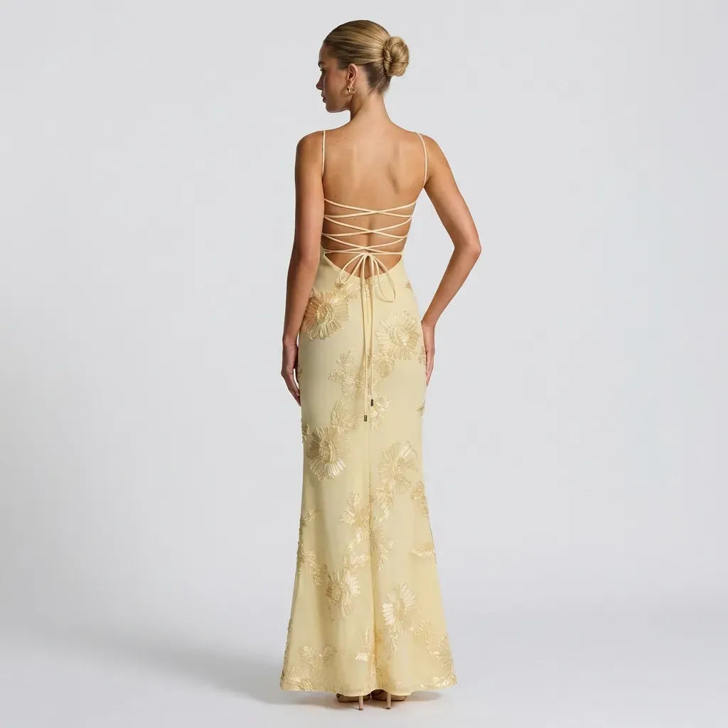 Embroidered Chiffon Wedding Guest Dress with Corset Bodice Yellow 7