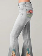 Embroidered Denim Flare Jeans Grey 2