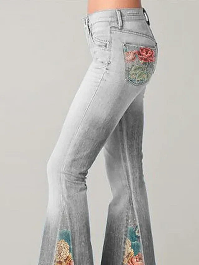 Embroidered Denim Flare Jeans Grey 2