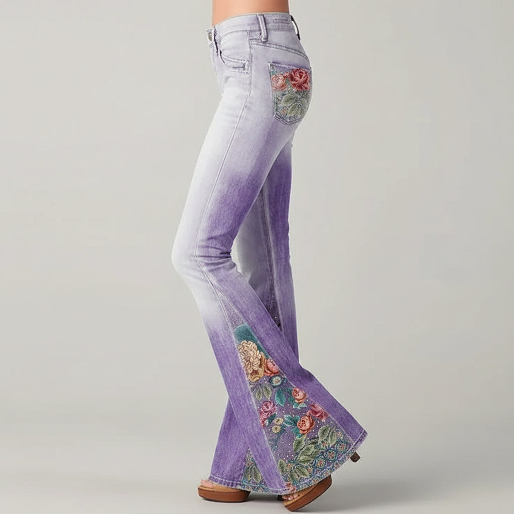 Embroidered Denim Flare Jeans Purple 4