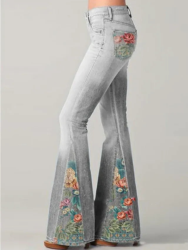 Embroidered Denim Flare Jeans Grey 5