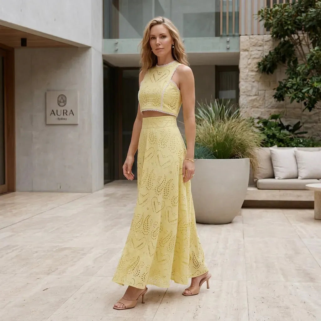 Eyelet Maxi Skirt Set with Crop Top Yellow 1