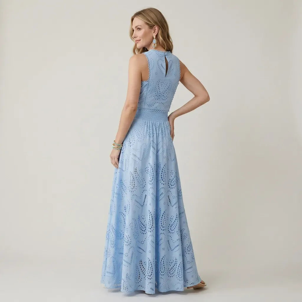 Eyelet Maxi Skirt Set with Crop Top Light Blue 2