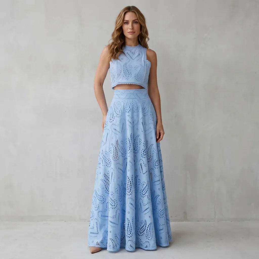 Eyelet Maxi Skirt Set with Crop Top Light Blue 4
