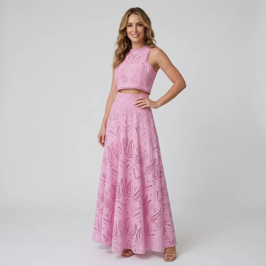 Eyelet Maxi Skirt Set with Crop Top Pink 5